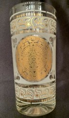 Vintage Mid Century 8 Hazel Atlas Frosted Aztec Gold Medallion Highball Glasses