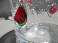 2 Tumblers w/Bubbles & Fused Watermelon Slices, Art Glass, 16 Oz Handmade