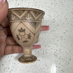 Ceramic Footed Goblet Cup, Beige & Brown Geometric Floral Pattern