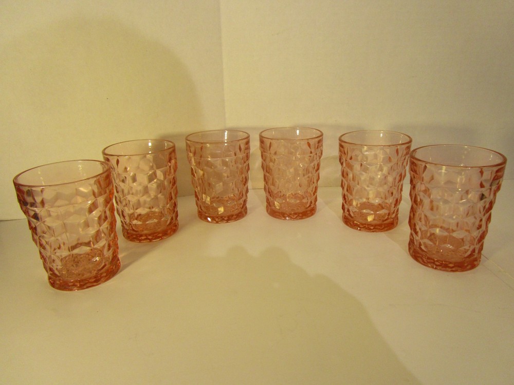 vtg. Lot of 6 Pink Indiana Glass Diamond Point Cut Tumbler 4″ Tall #BR