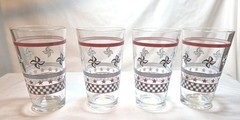 4 Libbey Red, White, Blue Pinwheels Tumbler Glasses, Checkered & Stars. Vintage.
