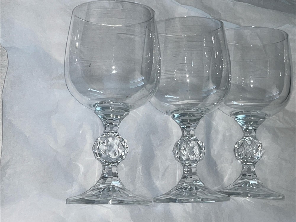 Bohemian Crystal Claudia 6.5” Wine Glasses Faceted Prism Ball Stem Set of 3