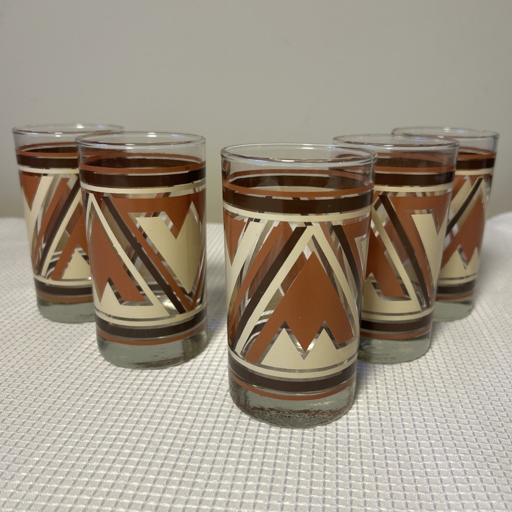 5 Vintage Southwestern Geometrical Libbey Glasses 1970s Tumblers-Earth Tones