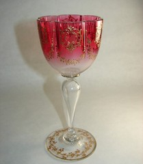 6 Art Nouveau Moser Wine Glasses Hand Painted Raised Gold Flowers Scrolls marked