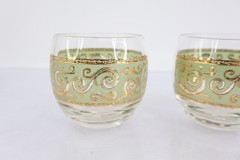 Culver Toledo Set 2 Roly Poly Drinking Glasses MCM Green Gold 22k Barware 1950s