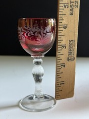 6 Vintage Bohemian Ruby Cut to Clear Crystal Cordial Glasses Leaf Fruit Design