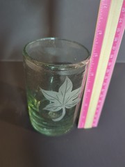 Handmade Thick Green Drinking Glass Etched Leaf Vtg