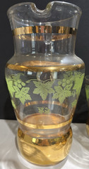 Vintage pitcher and 4 glasses set green grape vines and gold trim
