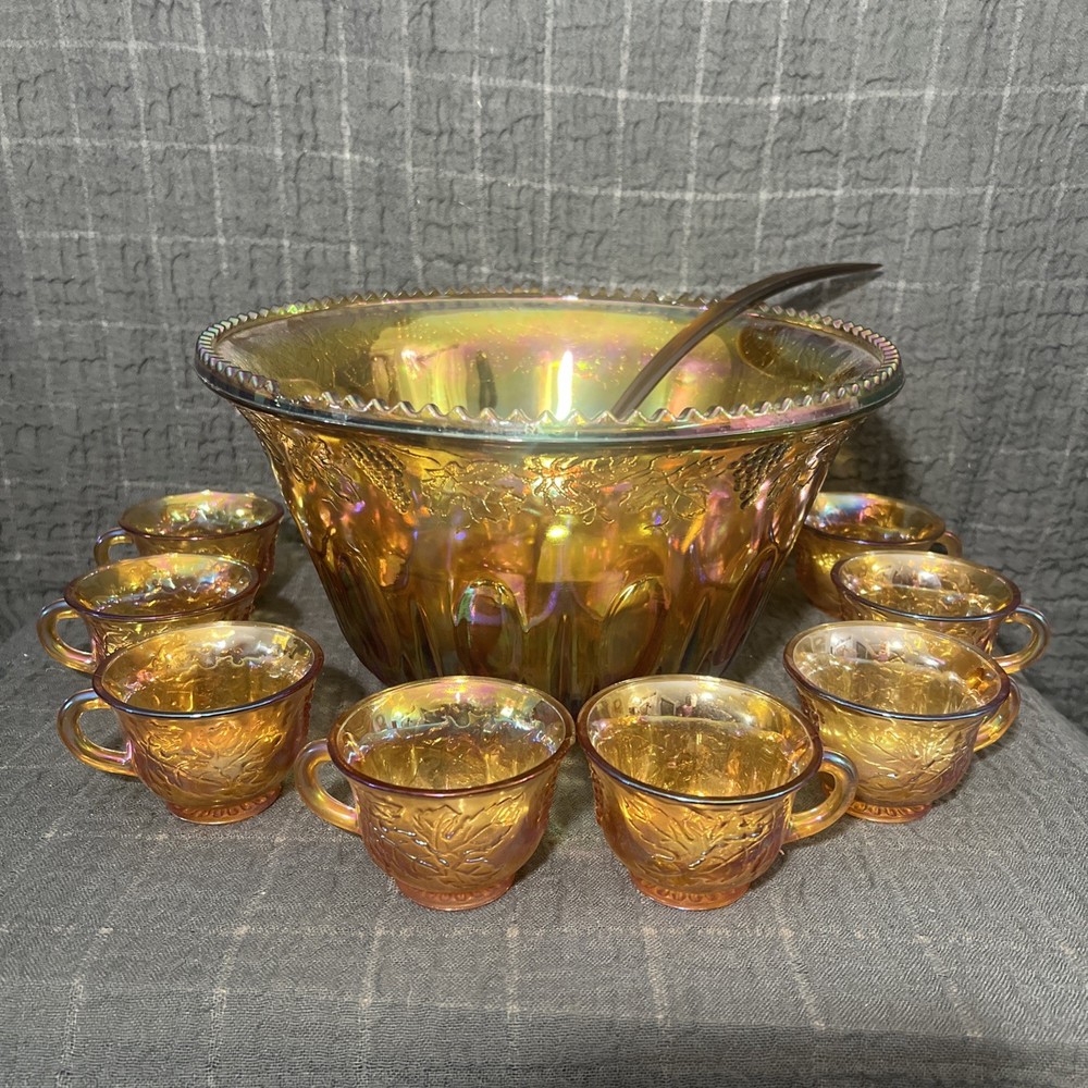 Vintage Indiana Iridescent Carnival Glass Marigold Punch Bowl Set 8 Grape Cups
