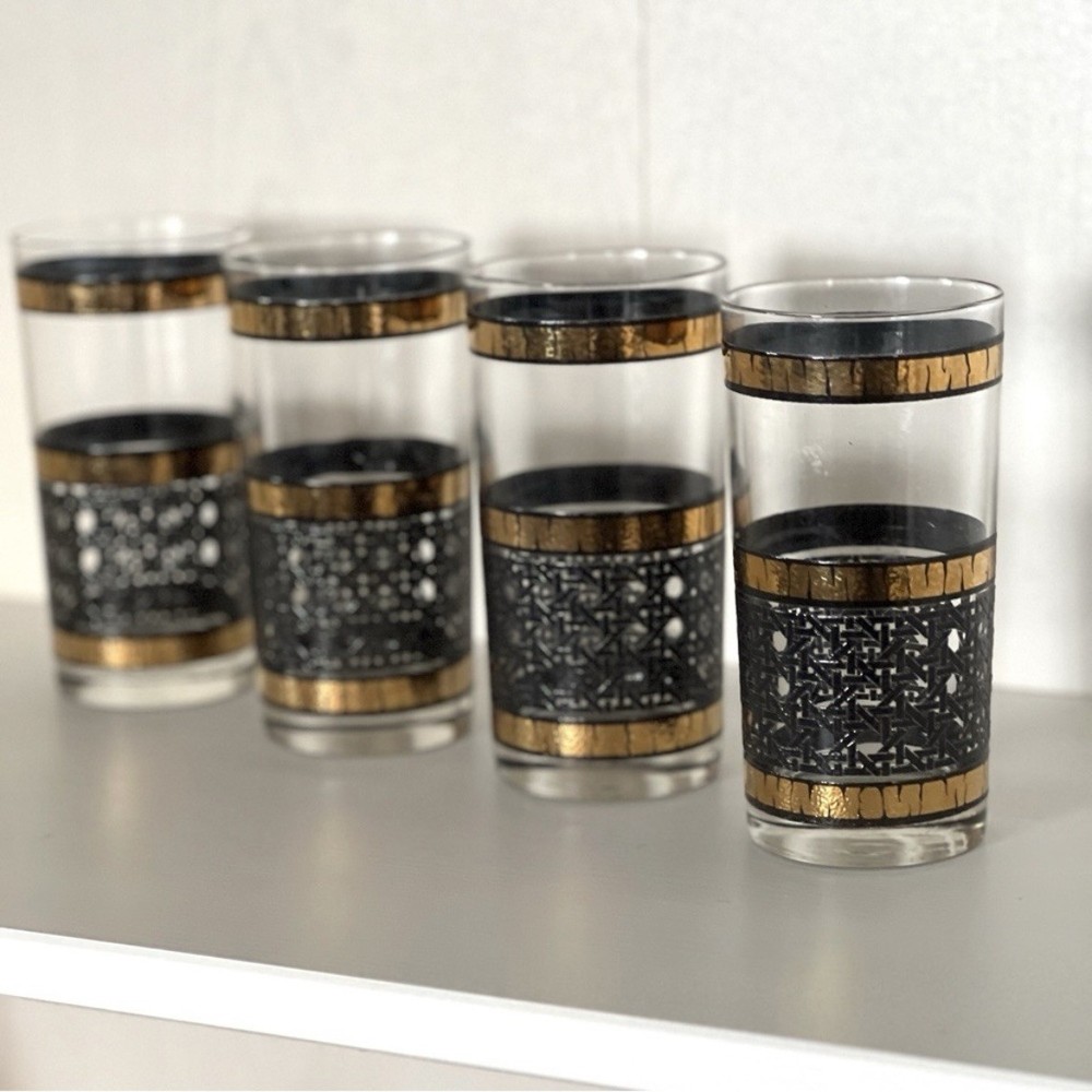 Libbey Tall High Ball Tumblers Black Cane Basket Weave Pattern Glasses Set Of 4