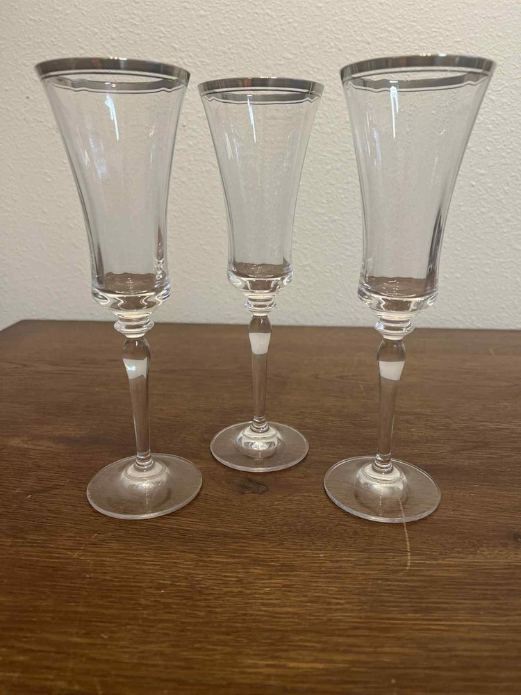 Vintage Silver Rim Crystal Champagne Flutes Set of 3 Elegant Tall Stem Glasses