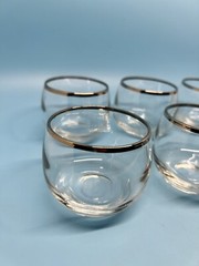 Set Of MCM Dorothy Thorpe Style Pitcher Decanter 6 Roly Poly Silver Trim Glasses