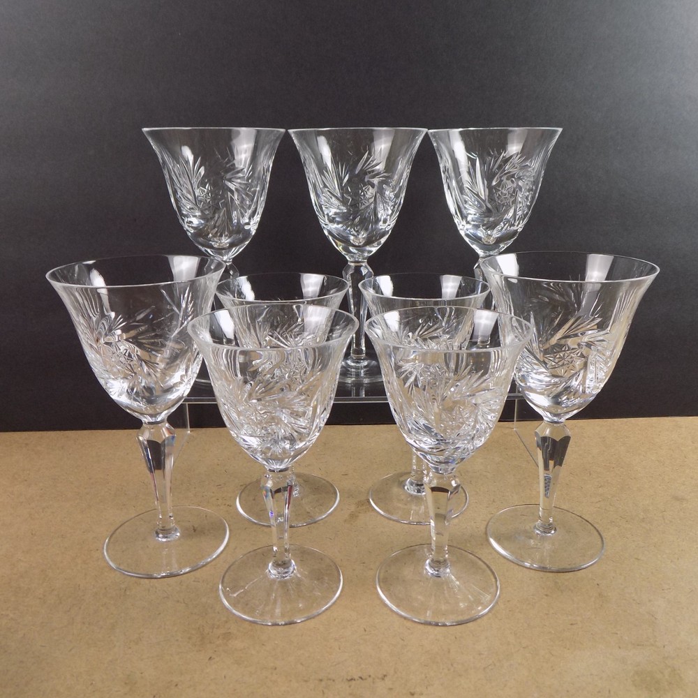 9pc Spode Crystal Priscilla Goblets 5 Water 4 Wine Glasses Signed VGC Pinwheel