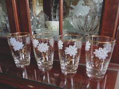 Lot Set 4 Libbey Flat Tumbler Drinking Glasses 8oz White Rose Gold Ribbon & Rim