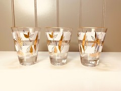 VTG Libbey MCM gold/white botanical print shot glass tumbler set of three 