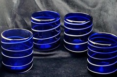 Vintage Unique 4 Pc Cobalt Blue/Over-Lay White Spiral Hand-Blown Glass Tumblers