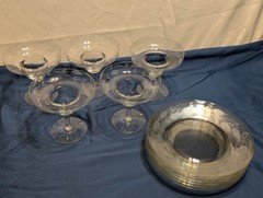 Vtg 5 Floral Etched Margarita Glasses/Shrimp Cocktail Dessert 6 Matching Plates