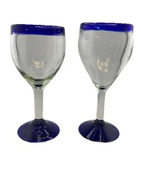 Hand Blown Cobalt And Clear Goblets Small Scuff On The Blue On The Last Picture
