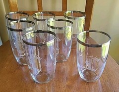 Vintage Etched Cut Mid Century Monogram C Tumbler Silver Platinum Trim LOT 7