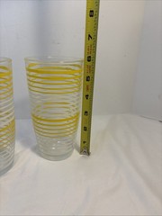 2 Vintage MCM Yellow/White Stripe Tumblers Juice Glasses 5 3/4” Barware