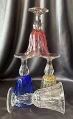 Set of 4 Hand Blown Glass Colored Goblets, Clear/Red/Blue/Yellow, Thick, EUC