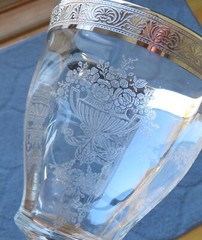 Vintage Elegant Etched Crystal Wine Stem with Silver Rim