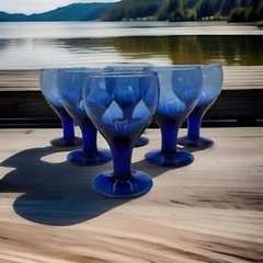 Set of 6 Blue Handblown Goblet Style Wine Glasses holds 12ozs No chips Or Cracks