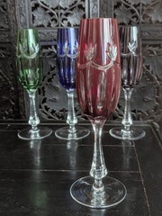 Vtg Ajka Rene Ruby Red Cut Clear Bohemian Crystal Champagne Flute Stemware Glass