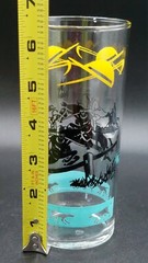 Vintage Federal Glass Equestrian Fox Hunt Highball 6″Bar Glass Blue Yellow Black