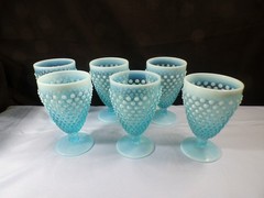 Set of 6 Fenton Blue Opalescent Glass Hobnail Footed Ice Tea Tumblers Goblets