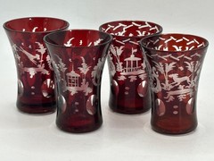 Set of 5 Shot Liquor Glasses Ruby Cut to Clear Bohemian Glass Motif Animals