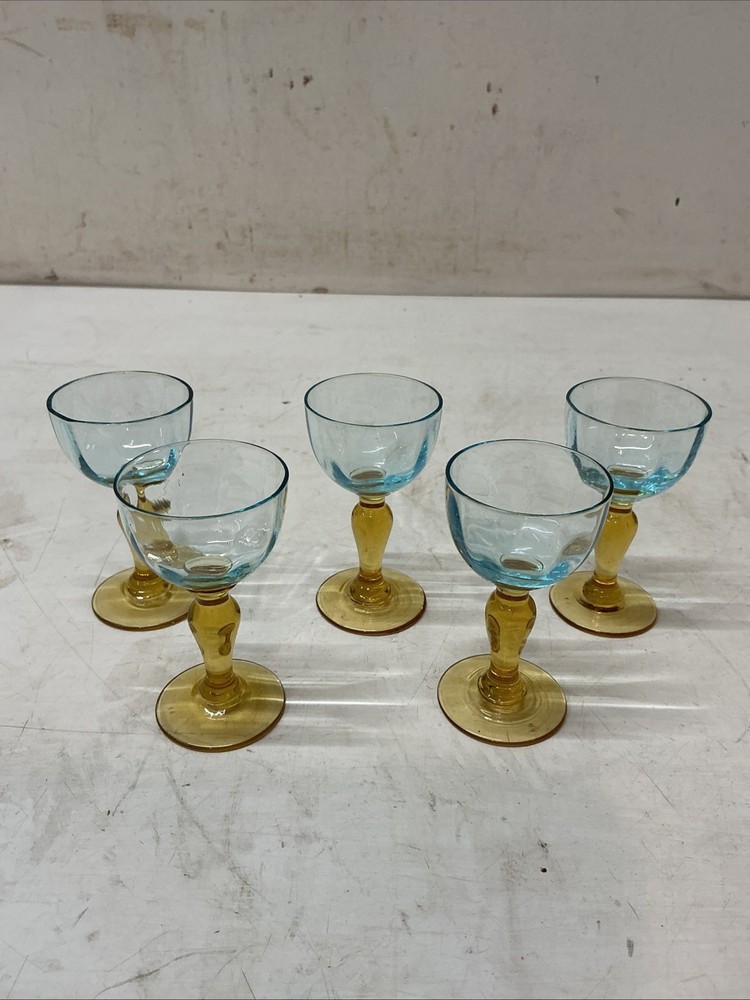 Antique Portieux France George Sand Cordial Liqueur Glasses Set of 5 Blue Amber