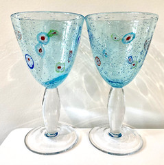 Artland Turquoise Blue Melifiore 14 Oz Set Of 2 Hand Blown Glasses 7.5” Tall