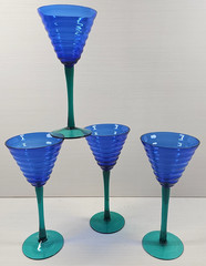(4) Pier 1 Blue Ripple Bowl Green Stem Wine Glasses Set Elegant Unique P1C16 Lot