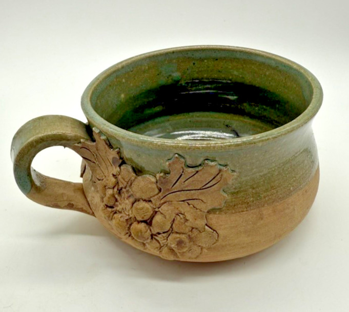 Handmade Studio Pottery Soup Mug Tallan Green Glaze Rustic Flowers Leaves Signed
