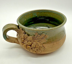 Handmade Studio Pottery Soup Mug Tallan Green Glaze Rustic Flowers Leaves Signed