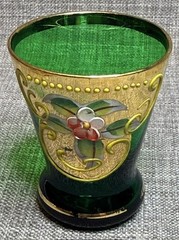 Murano Emerald Green Cordial Glass Gold Gilding and Enamel Flowers 5 pc Set