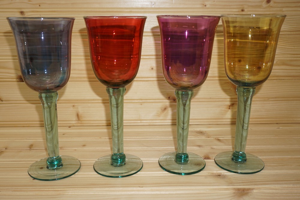 Blue, Red, Pink, Yellow (4) Wine Goblets, 8 1/2″ Hand Blown w/ Green Stem (G34)