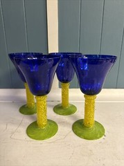 4 Stunning Artistic Murano Blown Mottled Multicolor Chalice Drink Glasses Cobalt