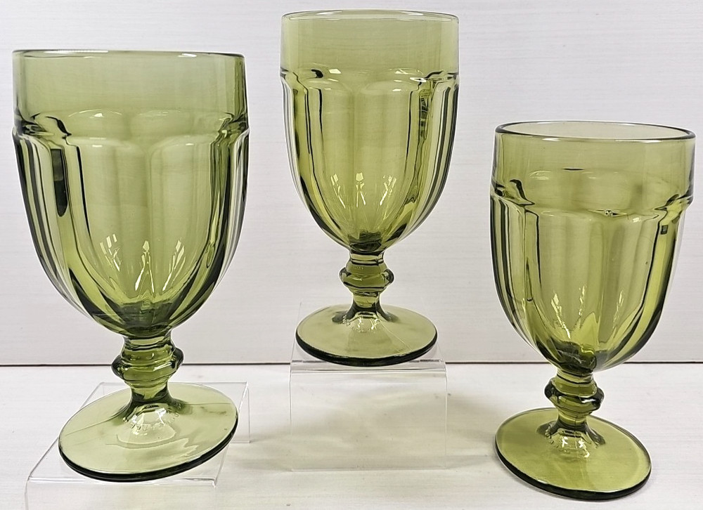 3) Libbey Gibraltar Olive Iced Tea Glasses Set Duratuff Panel Drink Stemware Lot