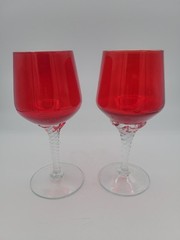 2 Vintage Saski Ruby Red 6.75″ CORDIAL Wine Glass w/Clear Stem Glows W 365uv