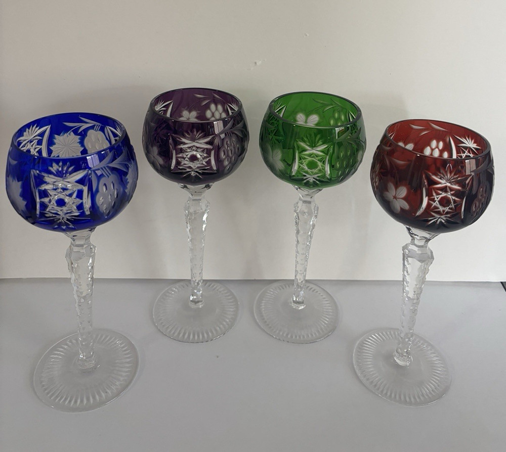 AJKA Cut Crystal ~ Hock Wine Goblets Marsala Set of 4 Blue Red Green Amethyst