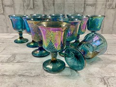 VTG Indiana Carnival Glass Harvest Grape Iridescent Blue Goblets 12pc Set