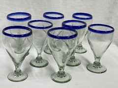 (8) MEXICAN HAND BLOWN COBALT BLUE RIM Water/Beer Pilsner GOBLETS 7”