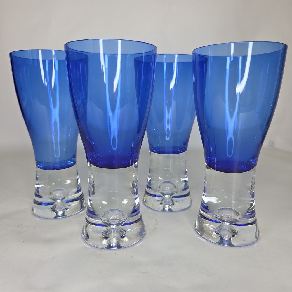 4 Block Stockholm Cobalt Blue Krosno Polish Bubble 6″ Water Glasses Vtg Retired