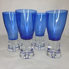 4 Block Stockholm Cobalt Blue Krosno Polish Bubble 6″ Water Glasses Vtg Retired