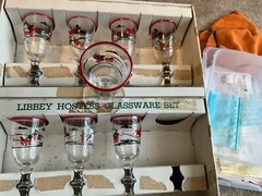 Vintage 8 Libbey Currier & Ives Cordials Glass Set W/Red Rim 1950’s Orig. Box