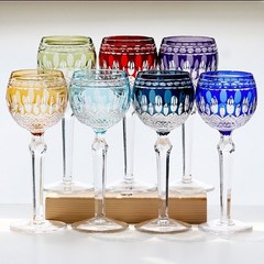 Set Of 7 Colors Vintage Style Hand Cut To Clear Crystal Hock Wine Glass Goblets