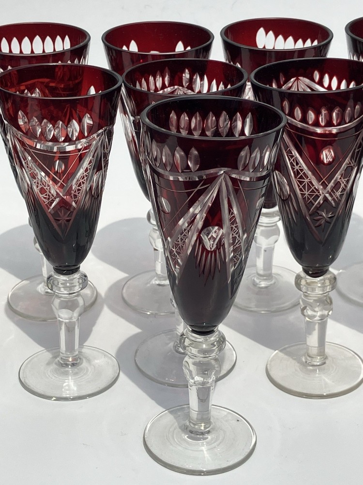 Set of 12 Bohemian Crystal Ruby Red Cut to Clear Wine Stemware Goblets 7-inch