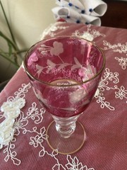 Pink Clear Glass Goblet, Etched Floral Pattern, Decorative Round Stemware